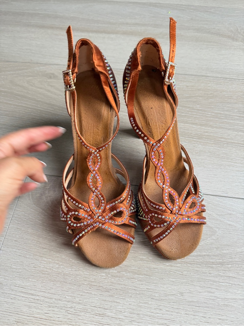 Rhinestone-Twist Copper Satin Dance Heels